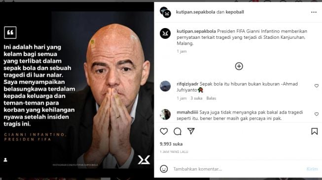 Tragedi Kanjuruhan, Presiden FIFA Sampaikan Belasungkawa Terdalam, Warganet: Sepak Bola Itu Hiburan Bukan Kuburan