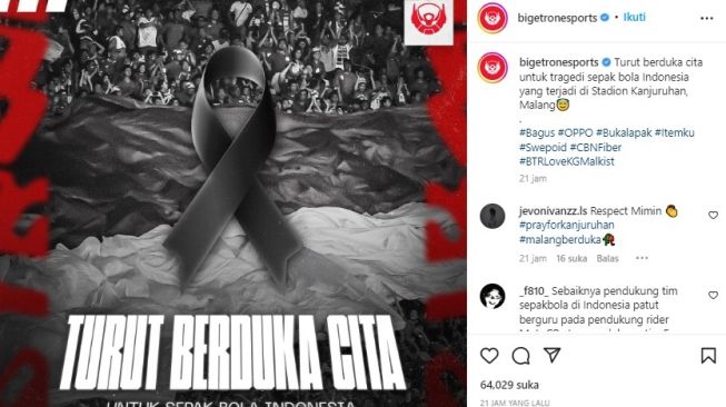 Ucapan Belasungkawa atas tragedi Stadion Kanjuruhan, Malang. [Instagram/@bigetronesports]