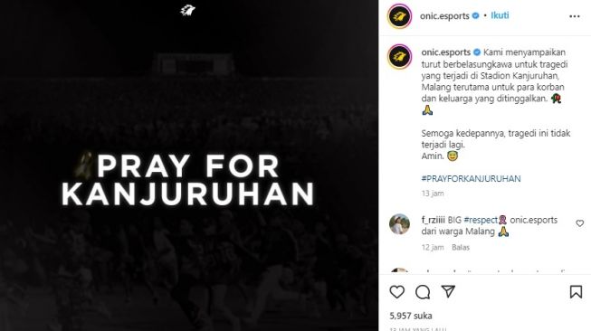 Ucapan Duka tragedi Stadion Kanjuruhan, Malang. [Instagram/@onic.esports]