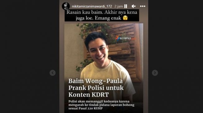 Nikita Mirzani girang Baim Wong dan Paula Verhoeven akan dikenakan pasal laporan palsu, atas konten KDRT yang mengejari polisi. [Instagram]