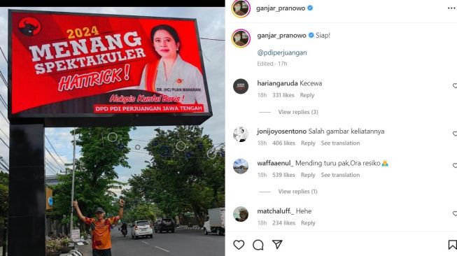 Aksi Gubernur Jawa Tengah Ganjar Pranowo yang berfoto dibawah baliho Puan Maharani menjadi sorotan warganet. [Instagram/@ganjar_pranowo]