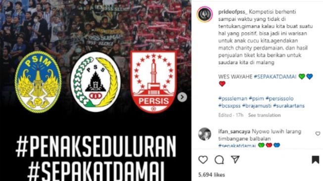 Suporter PSIM, PSS, & Persis Sepakat Damai, Tak Ada Sepak Bola Seharga Nyawa/Instagram @prideofpss_