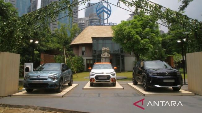 Jajaran mobil dari Automobiles Citroën yang dibawa ke Indonesia, dipamerkan di sela peluncuran di kawasan Senayan, Jakarta, Selasa (4/10/2022)(ANTARA/HO)