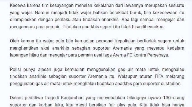 Penjelasan di laman resmi Polri terkait mengapa wajar memakai gas air mata di tragedi Kanjuruhan. (polri.go.id)