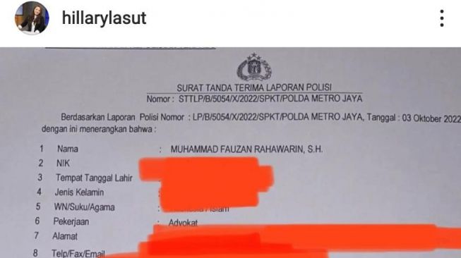 Bukti laporan Anggota DPR Hillary Brigitta Lasut kasus pencemaraan nama baik yang diduga dilakukan Komika Mamat Alkatiri. (tangkapan layar/Instagram)