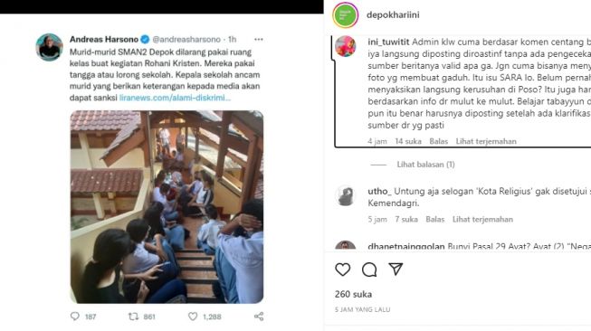 Siswa SMAN 2 Depok Diduga Tidak Boleh Pakai Ruang Kelas Untuk Kegiatan Rohani Kristen, Publik Sindir Kota Religius