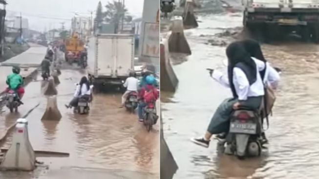 Terjebak di Tengah-Tengah Banjir, Aksi Cewek Ini Bikin Warganet Geregetan