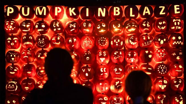 Pengunjung melihat ukiran labu di pameran Great Jack O'Lantern Blaze di Van Cortlandt Manor, Croton-on-Hudson, New York, Amerika Serikat, Sabtu (8/10/2022). [Bryan R. Smith / AFP]
