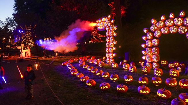 Pengunjung melihat ukiran labu di pameran Great Jack O'Lantern Blaze di Van Cortlandt Manor, Croton-on-Hudson, New York, Amerika Serikat, Sabtu (8/10/2022). [Bryan R. Smith / AFP]
