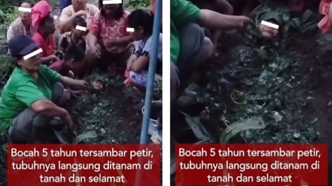 Bocah 5 tahun warga Kabupaten Langkat, Sumatera Utara ditanam di dalam tanah dan dikompres memakai daun pisang segera setelah tersambar petir. (Instagram/@merindink)