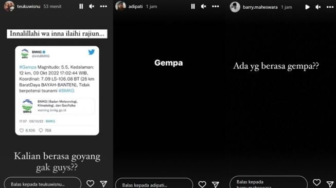 Sejumlah artis seperti Adipati Dolken dan Teuku Wisnu merasakan gempa yang terjadi di kawasan Banten, Minggu (9/10/2022) sekitar pukul 17.02 WIB. [Instagram]