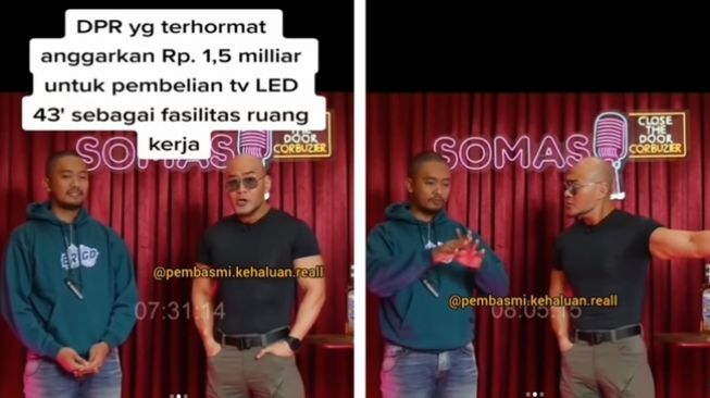 Deddy Corbuzier dan Uus menyindir rencana DPR membeli 100 TV LED 43 inci senilai Rp1,5 miliar. (Instagram/@lambegosiip)