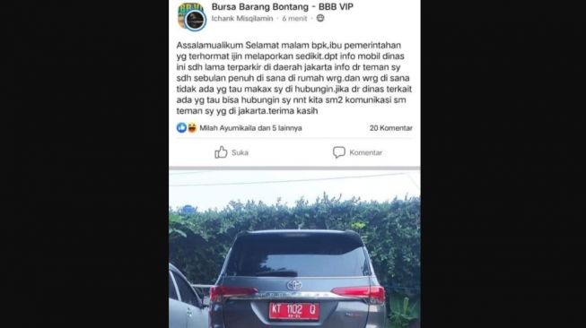 Tangkapan layar unggahan di Facebook soal mobil dinas Pemkot Bontang yang ditinggal di Jakarta. [KlikKaltim.com]