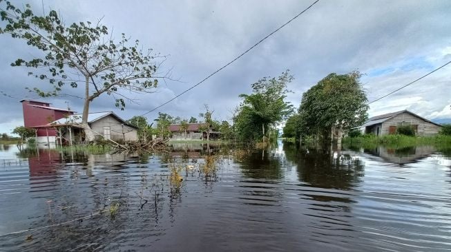 Suasana permukiman masyarakat yang terendam banjir di Desa Sedahan Jaya, Kecamatan Sukadana, Kabupaten Kayong Utara, Kalimantan Barat, Senin (10/10/2022).  [Antara Foto]