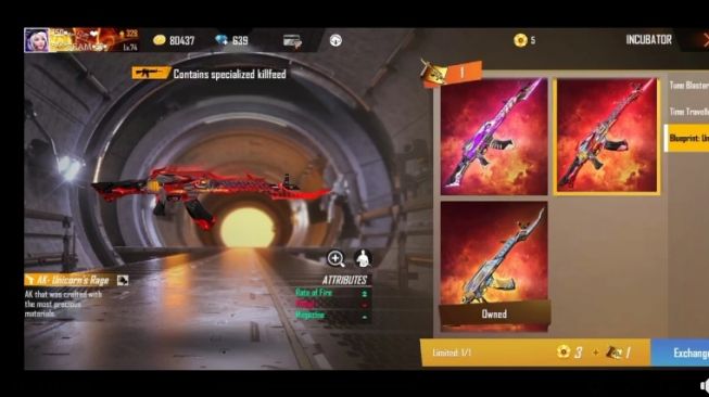 Tampilan AK Unicorn's Rage Lava Skin Senjata Free Fire. (Facebook / FF Noor)