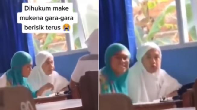 Dihukum Pakai Mukena karena Berisik, Dua Laki-laki Ini Malah Asyik Gibah