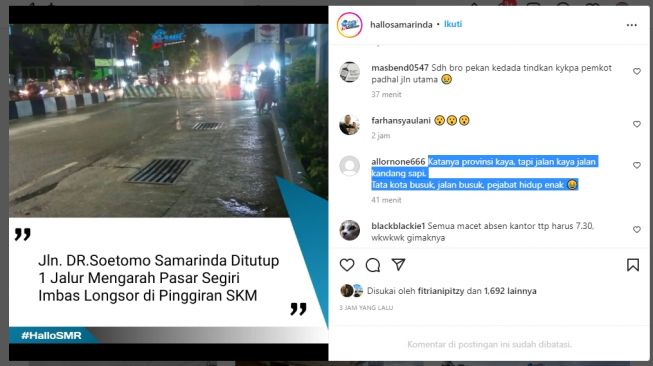 Jalan Dr Soetomo Samarinda Ditutup Imbas Longsor, Warganet Ngeluh: Tata Kota Busuk, Jalan Busuk