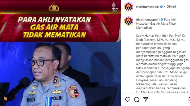 Mabes Polri sebut gas air mata tak mematikan. (bidik layar Instagram)