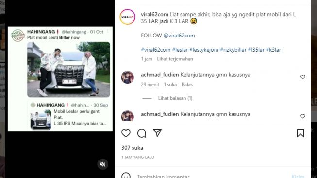 Kocak, Warganet Edit Plat Mobil Lesti Kejora dan Rizky Billar, dari L35LAR Jadi K3LAR