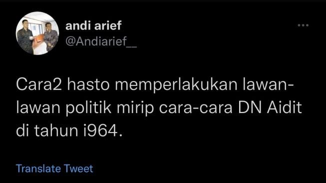 Cuitan Polisi Demokrat Andi Arief sindir Sekjen PDIP Hasto Kristiyanto. (Tangkapan layar/Twitter)