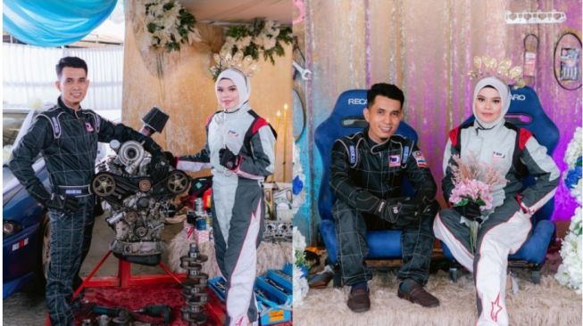 The Real 'Cah Otomotif', Pengantin Ini Nikahan di Bengkel Pakai Baju ala Pembalap