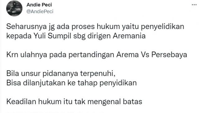 Cuitan Andie Peci komentari soal Aremania. [Twitter]