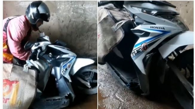 Bawaan Paket Terlalu Berat, Motor Kurir Ini Terbelah Jadi Dua saat Bekerja