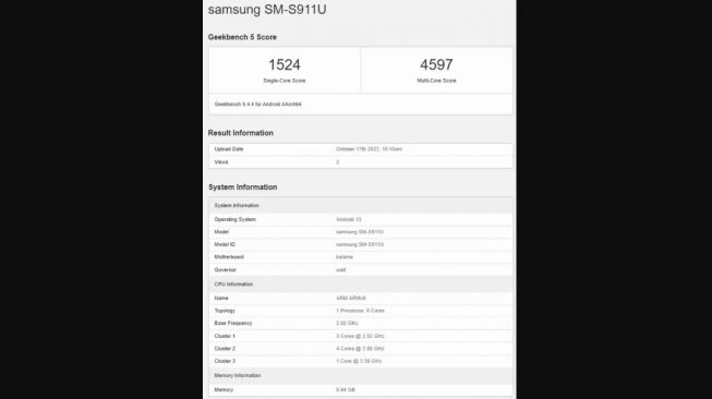 Bocoran hasil Geekbench Samsung Galaxy S23. [Galaxyclub]