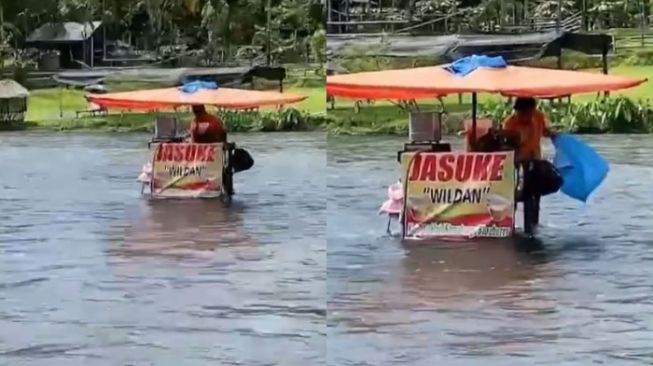 Potret penjual jasuke membuka lapak di tengah sungai (Instagram/@demendolan)