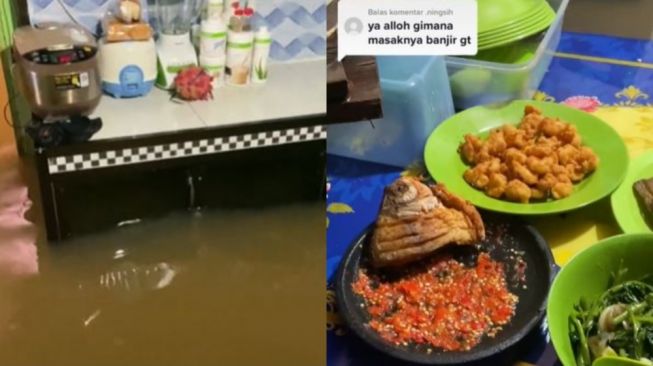 Tetap Slay Meski Banjir, Wanita Ini Bagikan Momen Masak di Tengah Kepungan Air