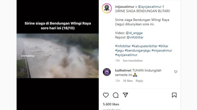 Debit Air Tinggi, Sirine Siaga di Bendungan Wlingi Raya Blitar Dibunyikan