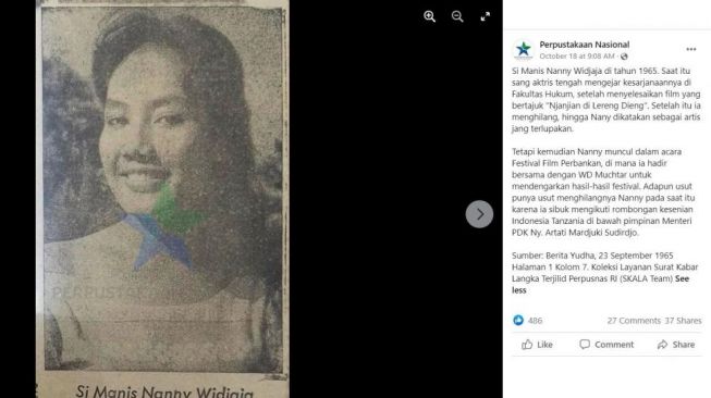 Foto jadul Nani Wijaya di tahun 1960-an ini menarik perhatian netizen. (Facebook/ Perpustakaan Nasional)