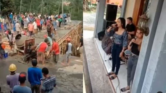 Warga Kampung Full Senyum, Gotong Royong Bangun Rumah Tetangga Ngecor Nanggap Dangdut