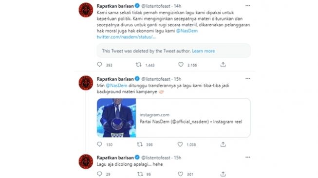 Kritikan band .feast karena Partai NasDem memakai lagu mereka tanpa izin. (Twitter/listentofeast)