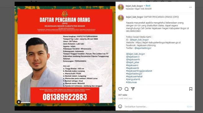 Hafiz Fatur Adik Irwansyah jadi buron [Instagram]