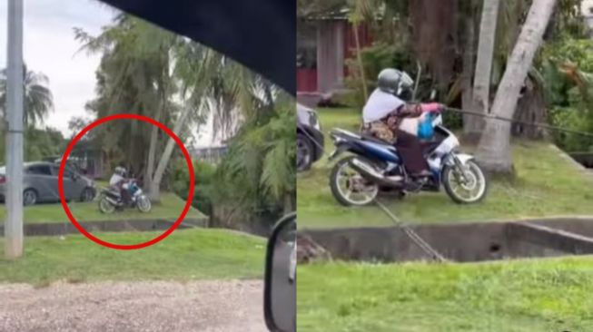 Emak-emak Pro Player, Mancing Ikan Santai Duduk di Sepeda Motor Bikin Heran Lihatnya