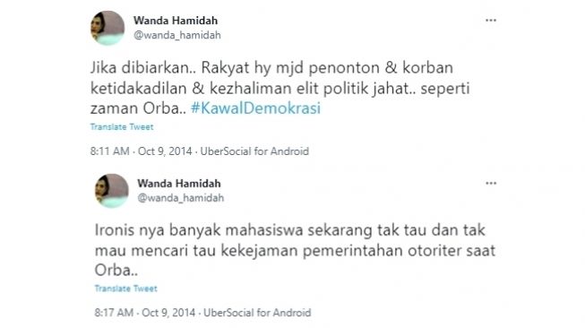 Tangkapan layar cuitan Wanda Hamidah soal pemerintahan otoriter orde baru yang kembali disorot pasca sang politikus pindah dari Partai NasDem ke Partai Golkar. (Twitter/@wanda_hamidah)