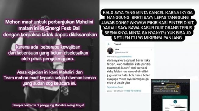 Mahalini memberikan klarifikasi soal dirinya batal tampil di acara musik Sinergi Fest Bali pada Minggu (23/10/2022). [Instagram]