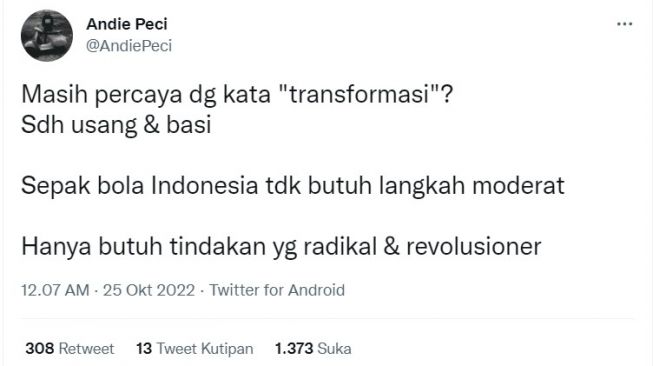 Cuitan Andie Peci yang mengkritisi soal PSSI. [Twitter]