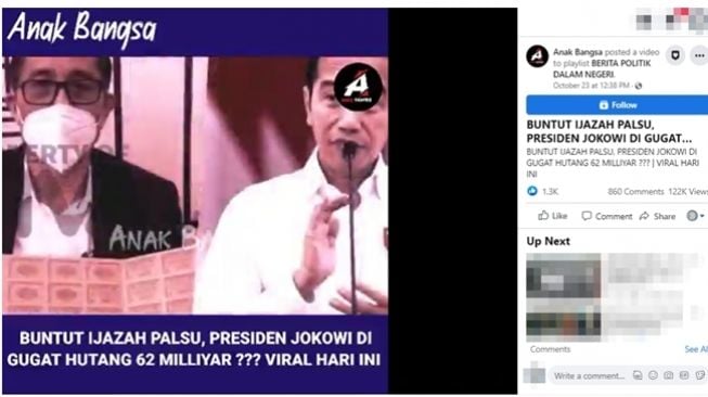 CEK FAKTA: Benarkah Jokowi digugat utang Rp 62 miliar buntut kasus dugaan ijazah palsu? (Facebook/Anak Bangsa)