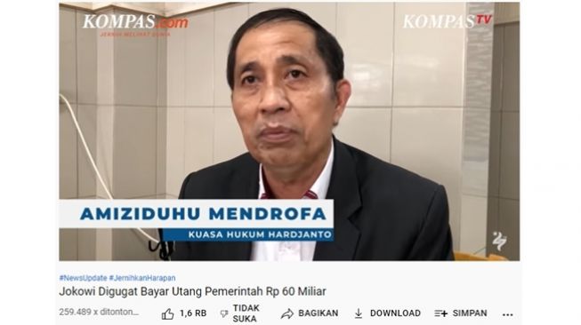 Tangkapan layar video asli yang di-framing untuk konten menyesatkan terkait gugatan utang Rp 62 miliar buntut kasus dugaan ijazah palsu Jokowi. (YouTube/KOMPASTV)