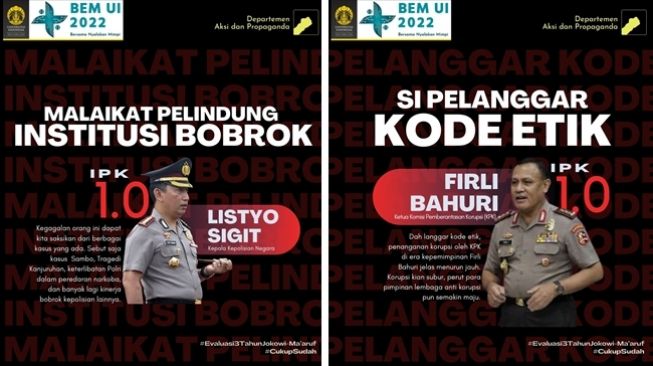 Kritikan BEM UI untuk Kabinet Jokowi 'Nasakom': Kapolri Listyo Sigit Prabowo disebut Malaikat Pelindung Institusi Bobrok dan Ketua KPK Firli Bahuri disebut Si Pelanggar Kode Etik. (Twitter/@BEMUI_Official)