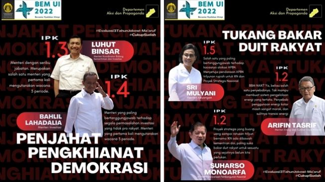 Kritikan BEM UI untuk Kabinet Jokowi 'Nasakom': Luhut Binsar dan Bahlil Lahadalia disebut Penjahat Pengkhiatan Demokrasi; Sri Mulyani, Arifin Tasrif, dan Suharso Monoarfa disebut Tukang Bakar Duit Rakyat. (Twitter/@BEMUI_Official)