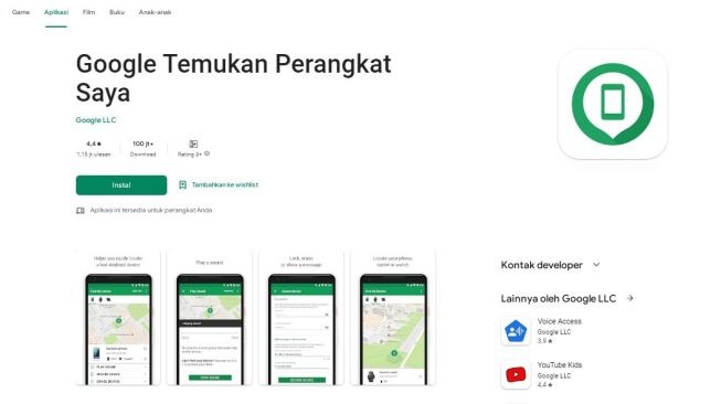 Aplikasi Temukan Perangkat Saya di Google Play Store. (screenshot)