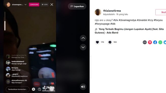 Ziva nangis saat live Instagram (TikTok/@thisissnotirma)