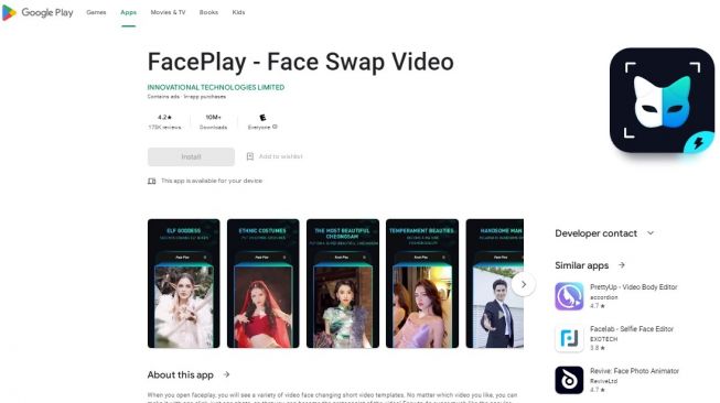 Aplikasi ganti wajah FacePlay di Google Play Store. (Screenshot)