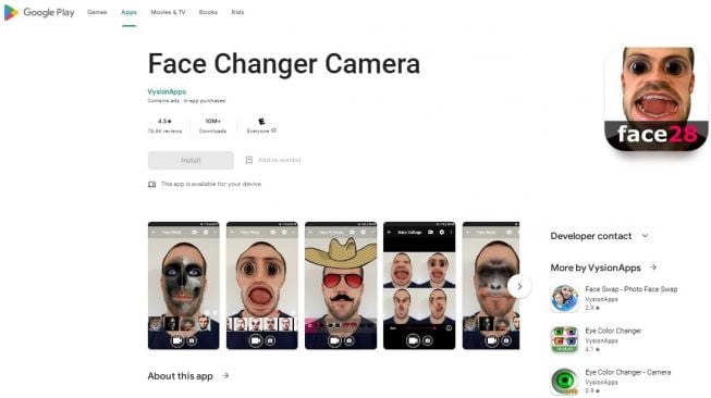 Aplikasi ganti wajah Face Changer Camera di Google Play Store. (Screenshot)