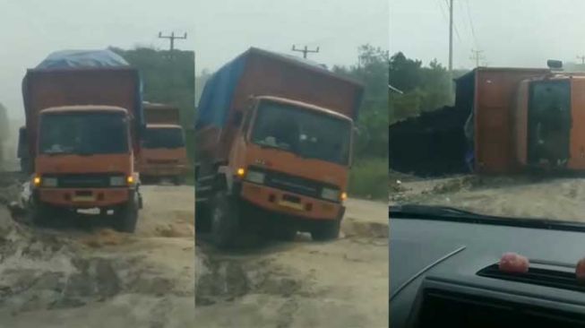 Truk Tumbang Lintasi Jalan Rusak Diduga di Inhu, Publik Sentil Pemerintah Daerah