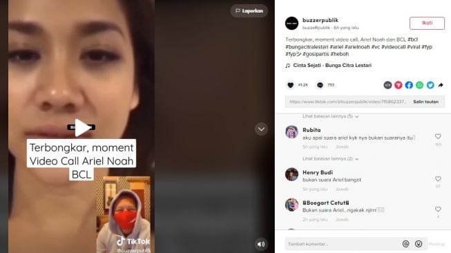 Unggahan soal Ariel NOAH dan Bunga Citra Lestari alias BCL [TikTok/@buzzerpublik]