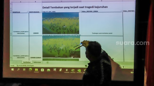 Komisioner Komnas HAM Mohammad Choirul Anam menampilkan potongan bukti video saat menyampaikan temuan faktual dari tragedi Kanjuruhan di Gedung Komnas HAM, Jakarta Pusat, Rabu (2/11/2022). [Suara.com/Alfian Winanto]